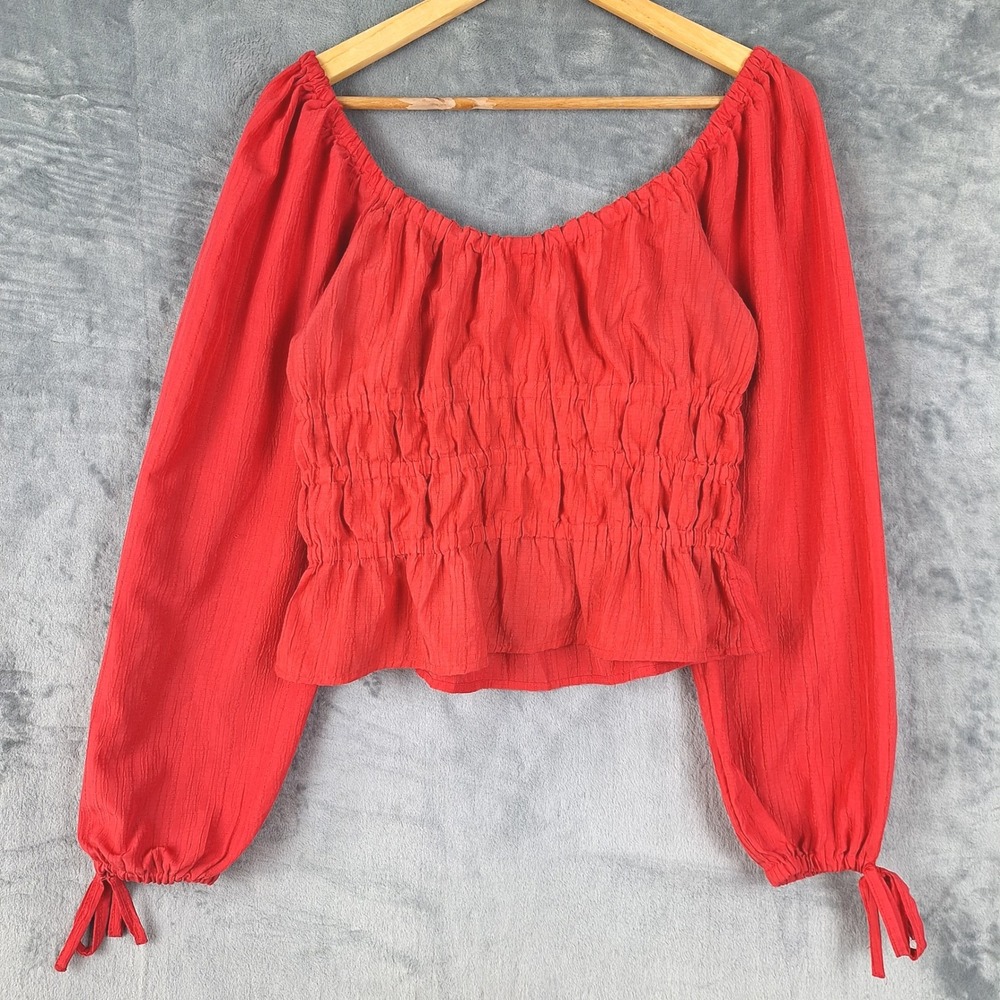 Womens Top Large Red Boho‎ Smocked Peasant Crop Cottagecore Milkmaid Renaissance